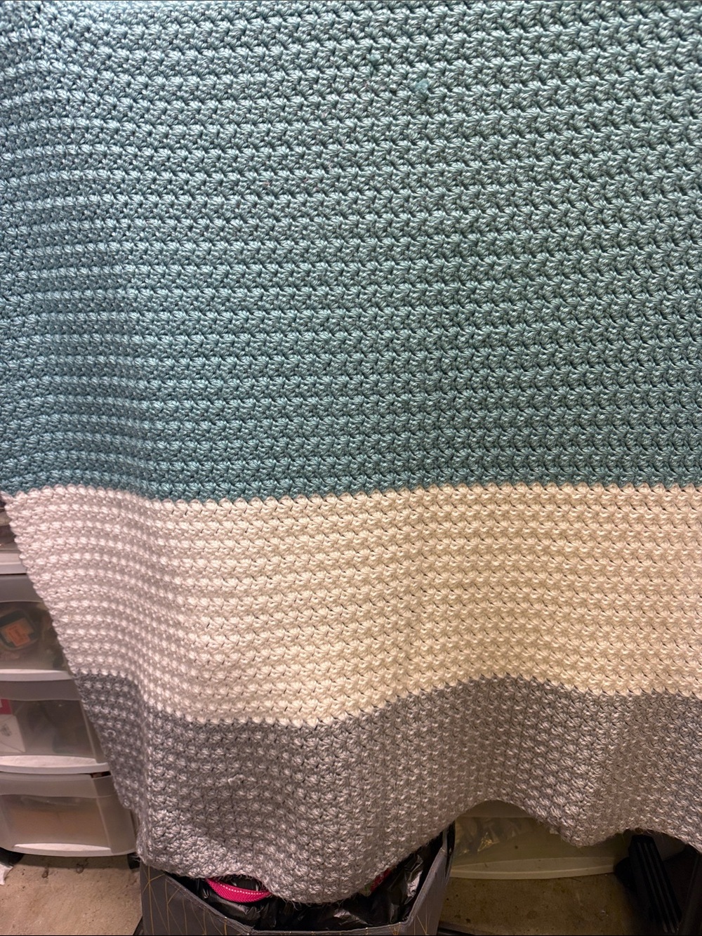 Crocheted Stripe Throw in Seafoam, Cream & Gray